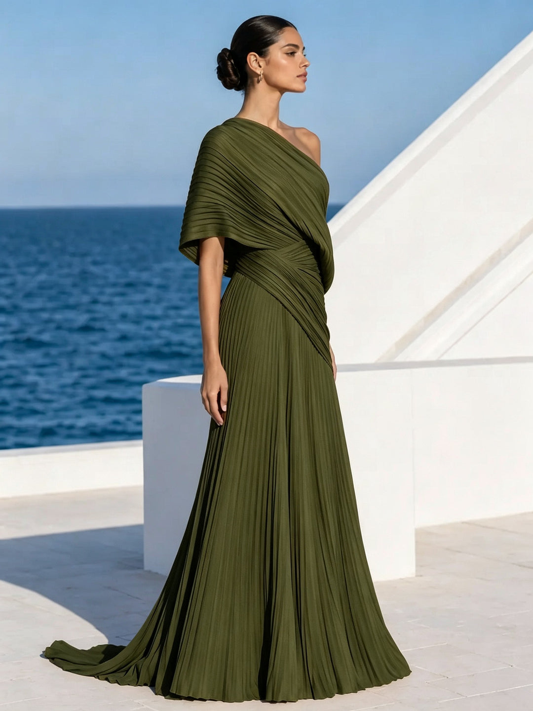 Vestido largo plisado naranja vibrante de un solo hombro – vestido de estilo griego