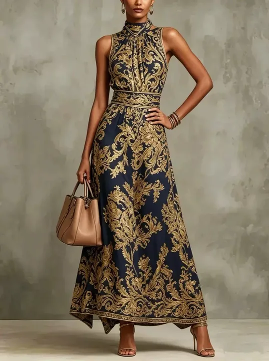 Vestido de noite maxi azul-marinho com estampado barroco dourado, de atar ao pescoço e sem mangas