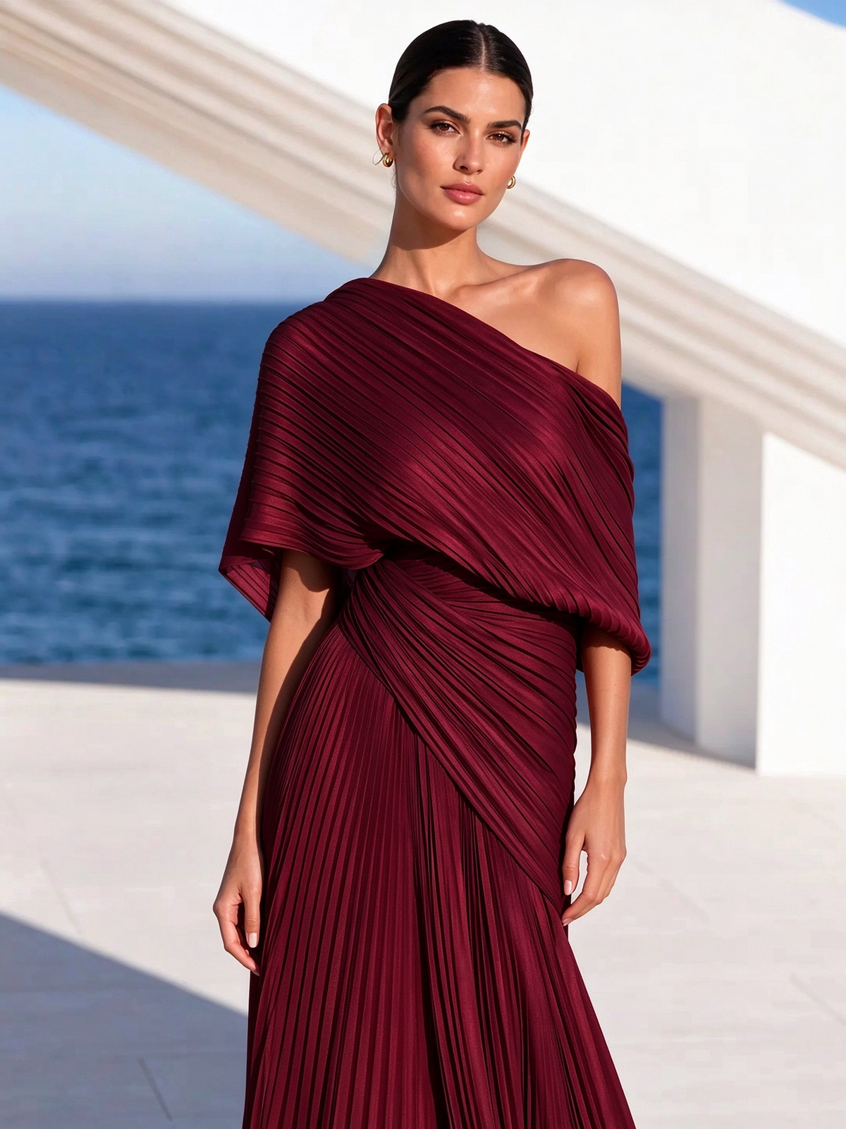 Vestido largo plisado naranja vibrante de un solo hombro – vestido de estilo griego