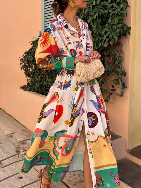 Abito lungo a camicia con stampa originale dei tarocchi