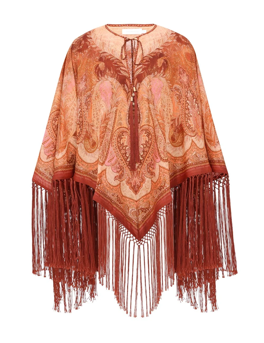 Completo boho color arancione ruggine con frange e mantella: top caftano con stampa cachemire e pantaloni a gamba larga