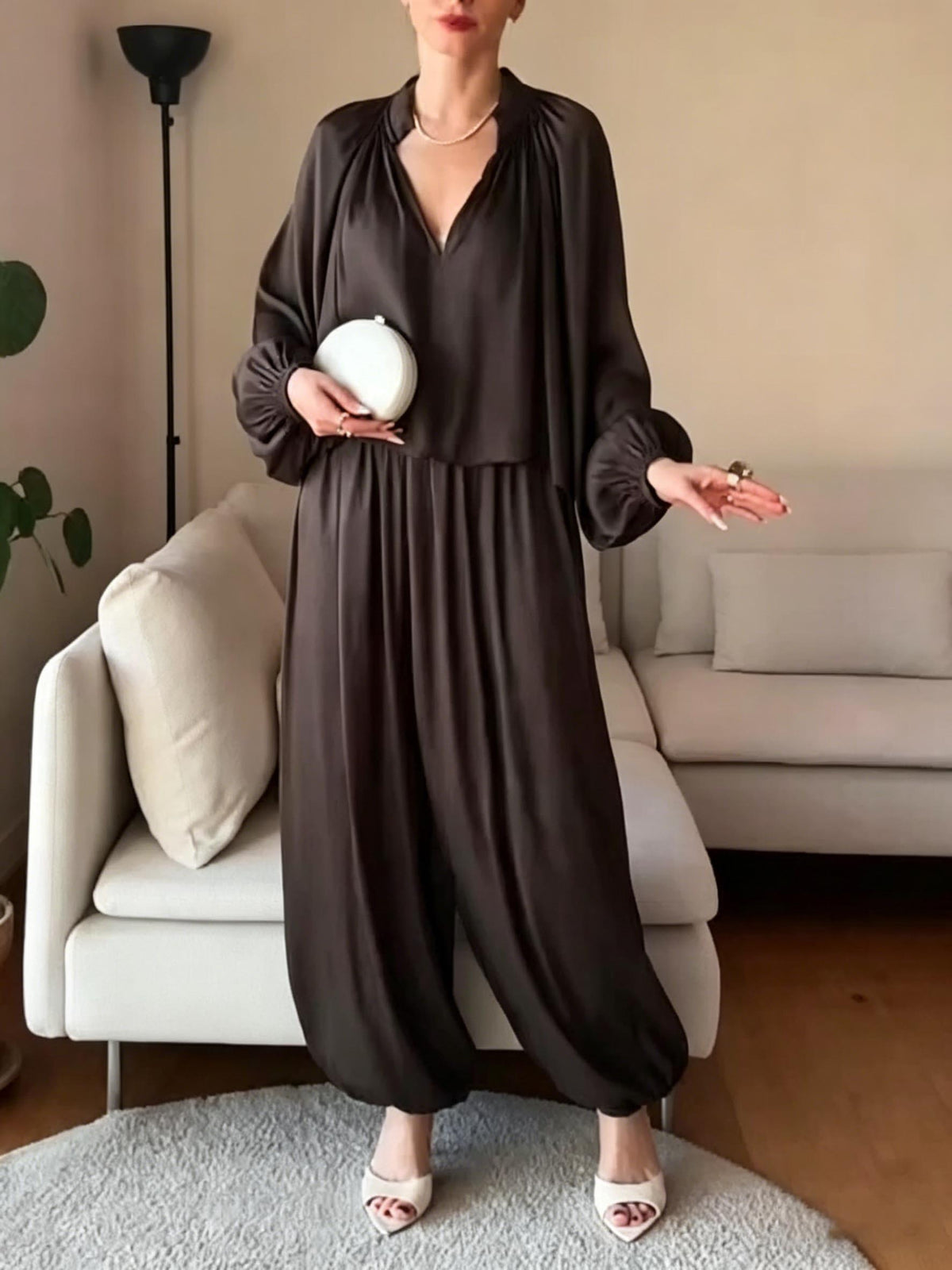 Elegant Satin Long Sleeve Top & Harem Pants Two-Piece Set