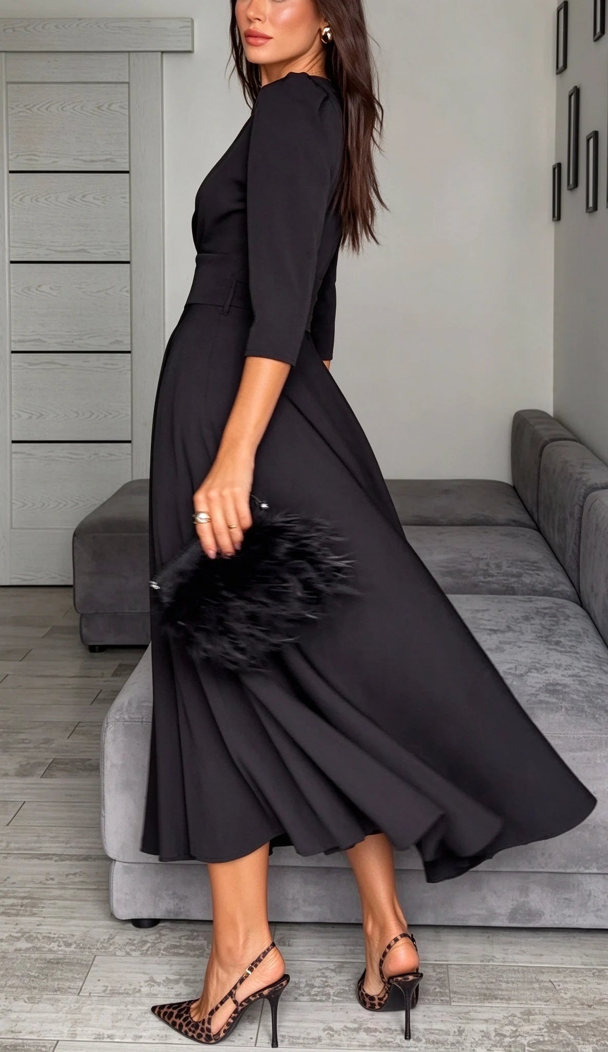 Black V-Neck Midi Dress with Puff Sleeves and Pleated Waistline [erp-image:90018c0b1603ff3db65a44f0]