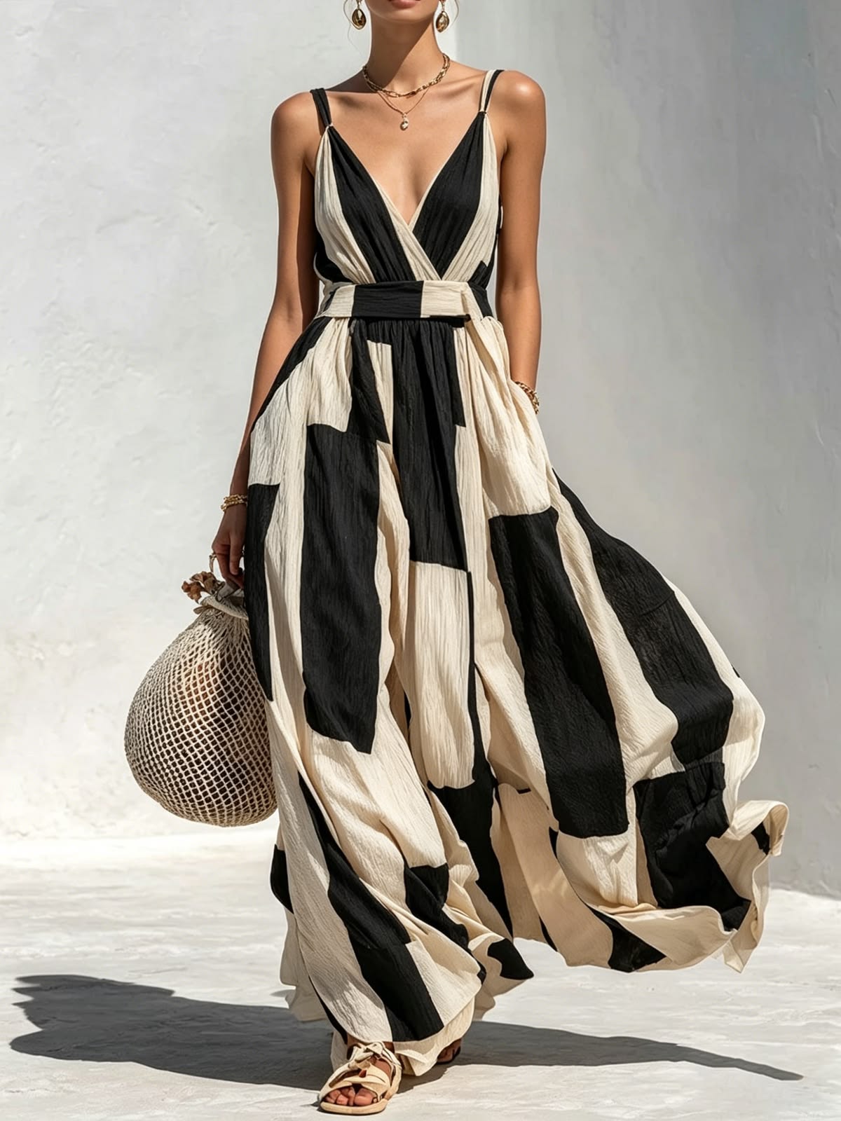 Vestido maxi envelope às riscas, com alças finas e decote em V