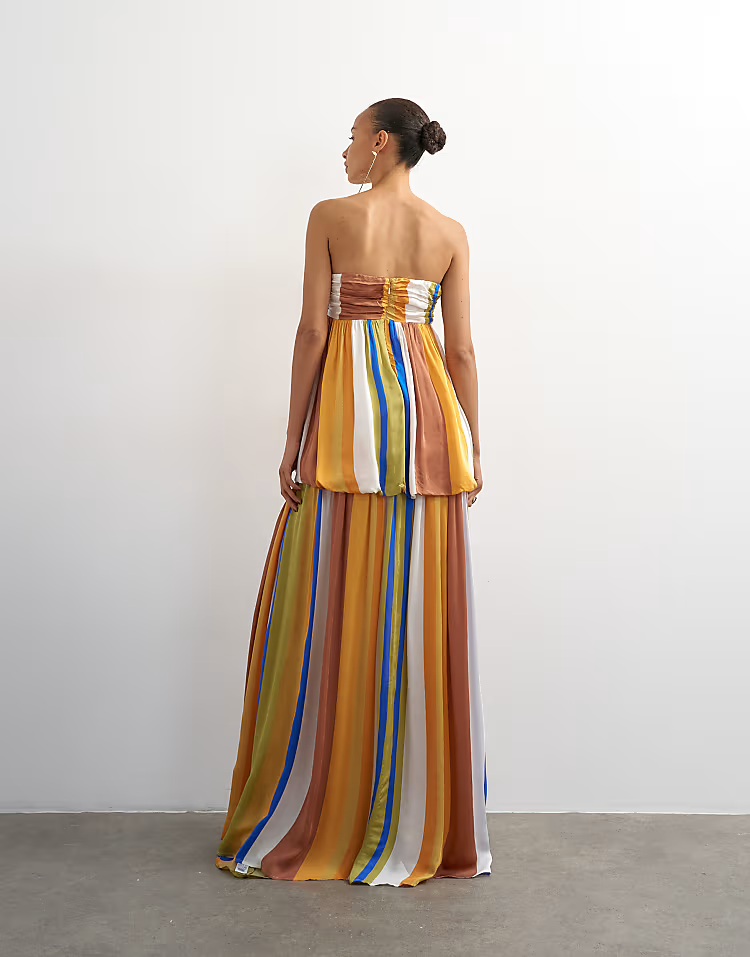Strapless Color Block Striped Flowy Maxi Dress