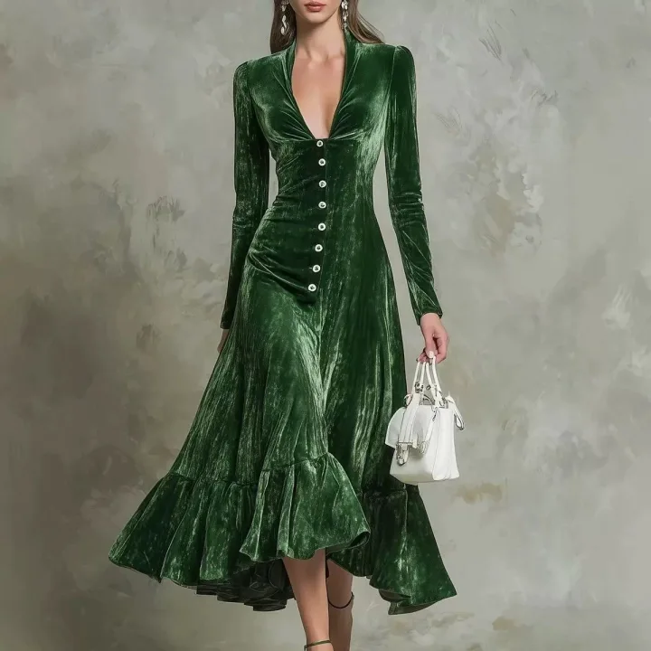 Green Velvet Midi Dress Deep V Neck Long Sleeve Front Button Ruffle Hem Evening Dress