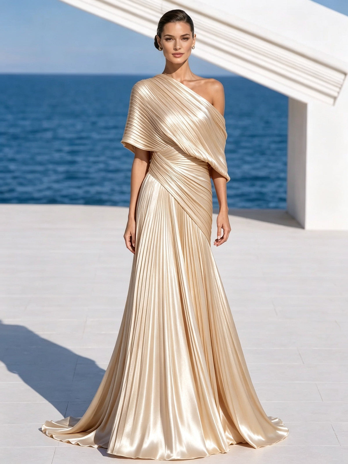 Vestido largo plisado naranja vibrante de un solo hombro – vestido de estilo griego