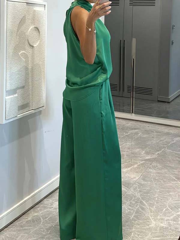 Elegant Halter Neck Swing Collar Top And Wide Leg Pants Suit-Top