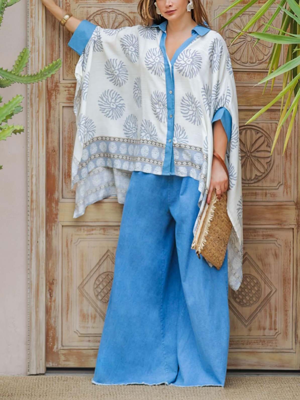 Completo casual a due pezzi con camicia con colletto classico e maniche a pipistrello, jeans e stampa geometrica