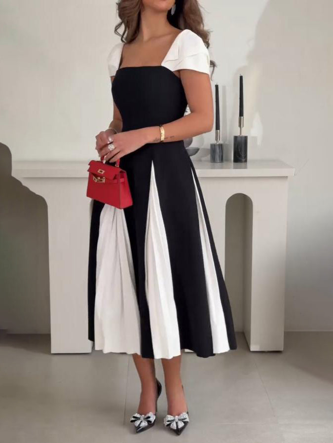 Elegant Contrast Pleated Panel Midi Dress