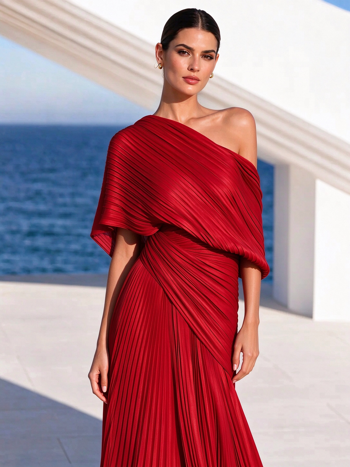 Vestido largo plisado naranja vibrante de un solo hombro – vestido de estilo griego