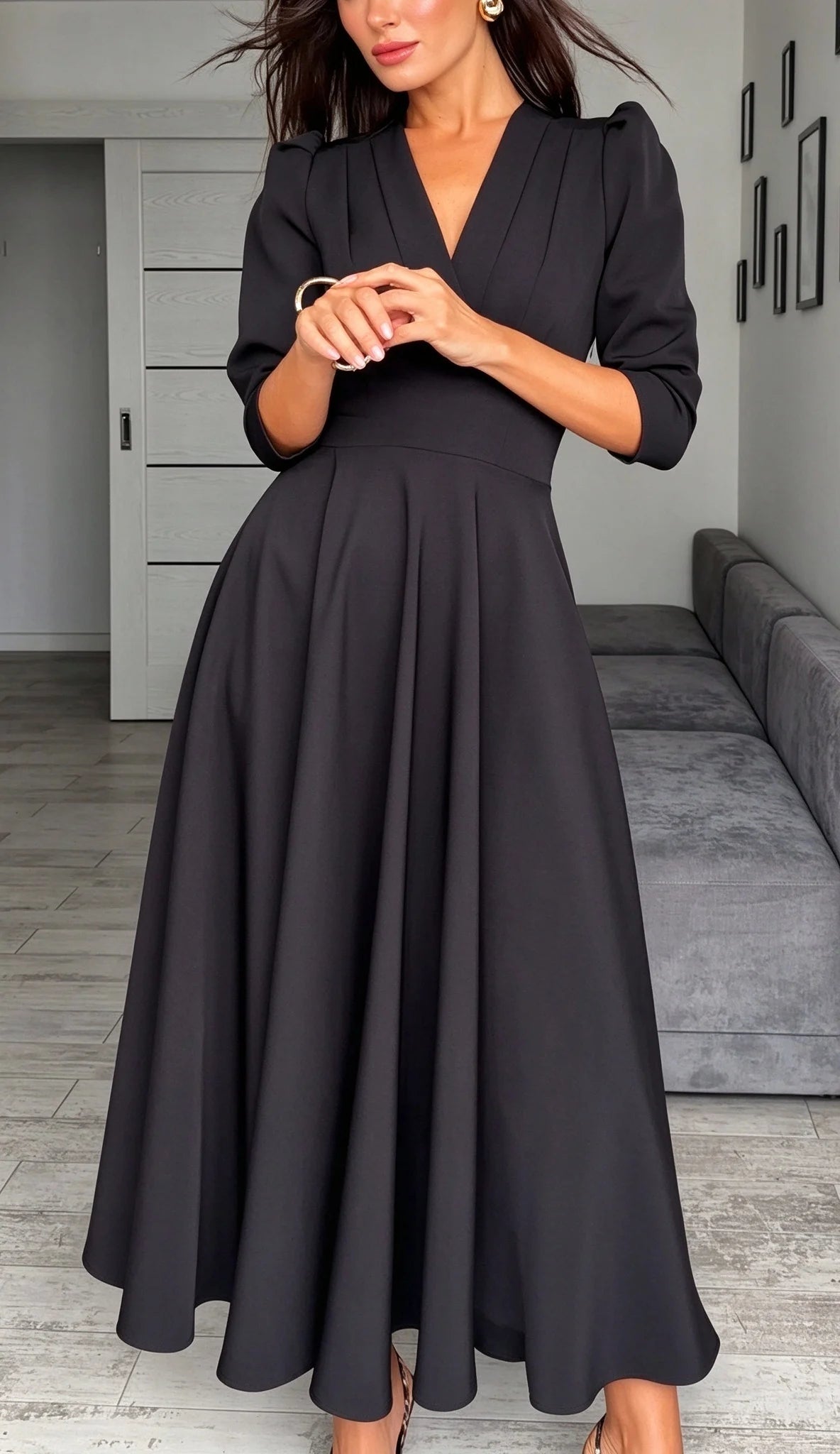 Black V-Neck Midi Dress with Puff Sleeves and Pleated Waistline [erp-image:ec62432397c61c0e0e2ff42c]