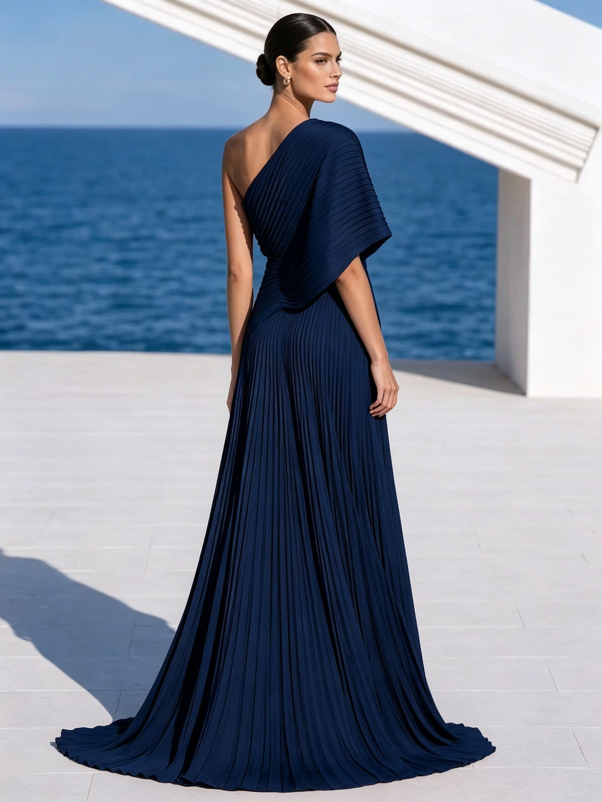 Vestido largo plisado naranja vibrante de un solo hombro – vestido de estilo griego