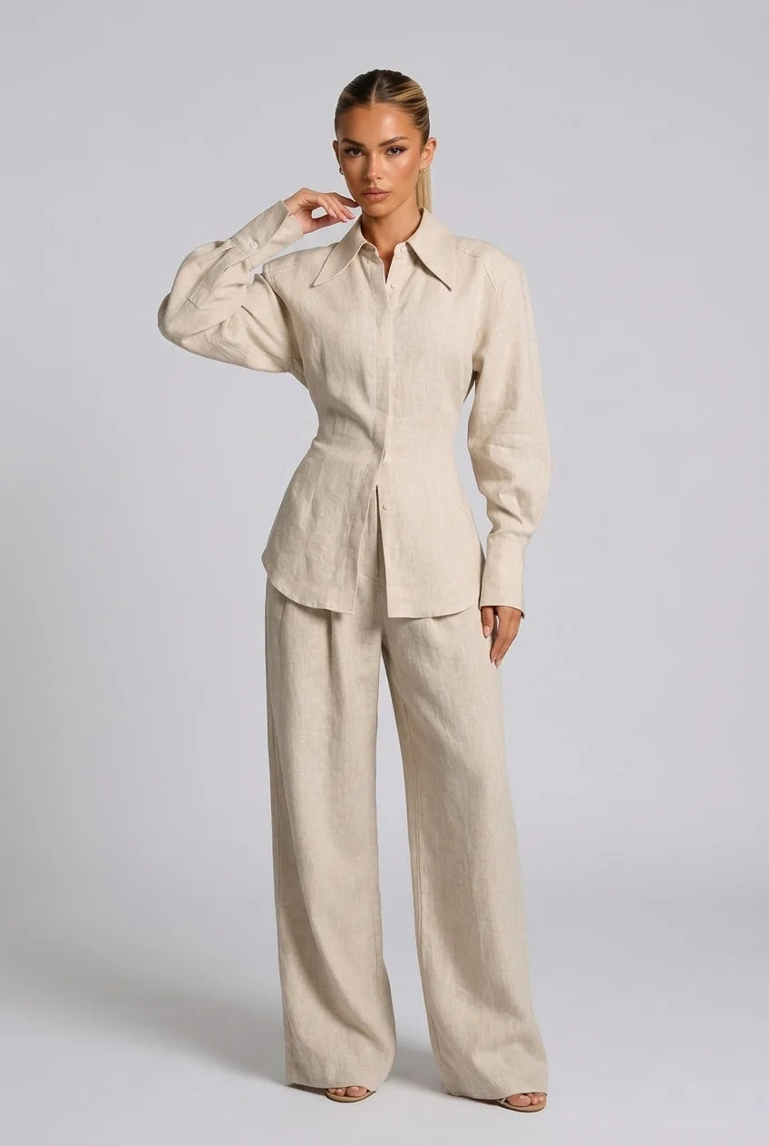 Long Sleeve Button Down Shirt and Wide Leg Pants Two Piece Set