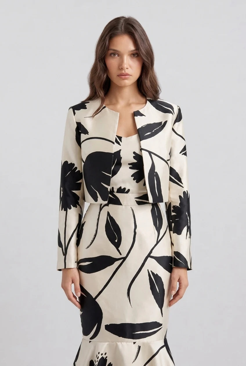 Ensemble deux pièces avec veste courte à imprimé floral et jupe sirène taille haute