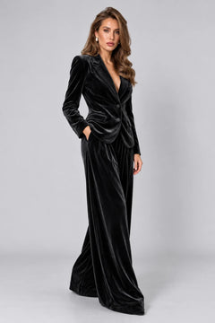 Women's Velvet Notch Lapel Blazer and Wide Leg Trousers Two Piece Suit Set [erp-image:2a9cf3e3093d2e215eef65a4]