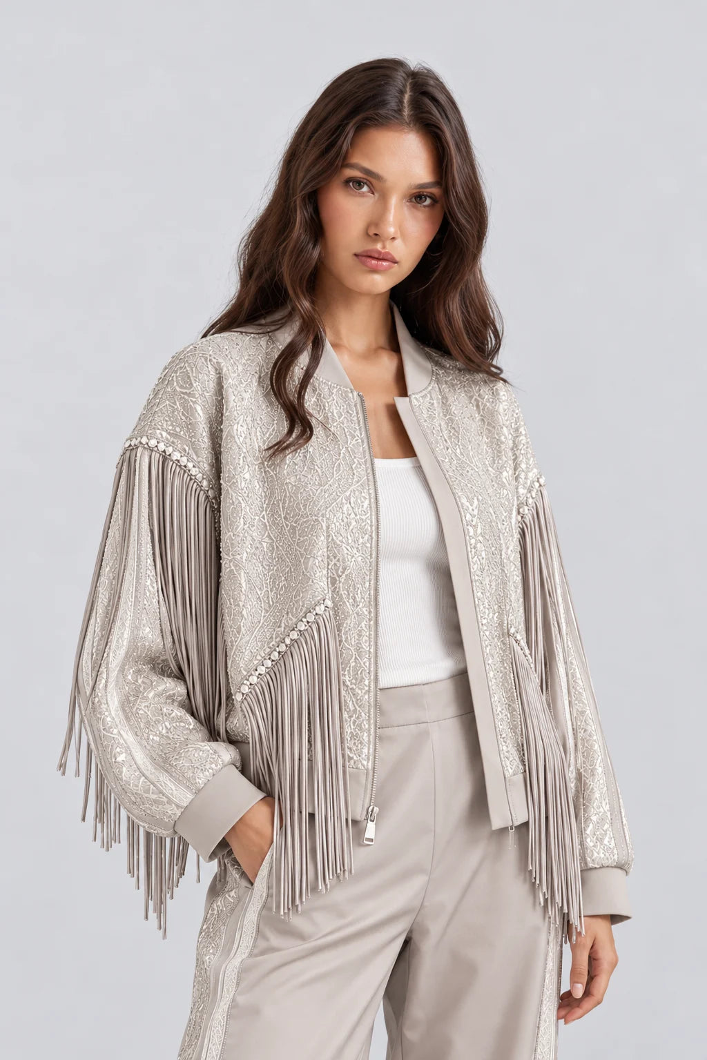 Women's Sequin Fringe Bomber Jacket and Wide Leg Pants Two Piece Set [erp-image:e82e097c84a096b4b365eb4f]
