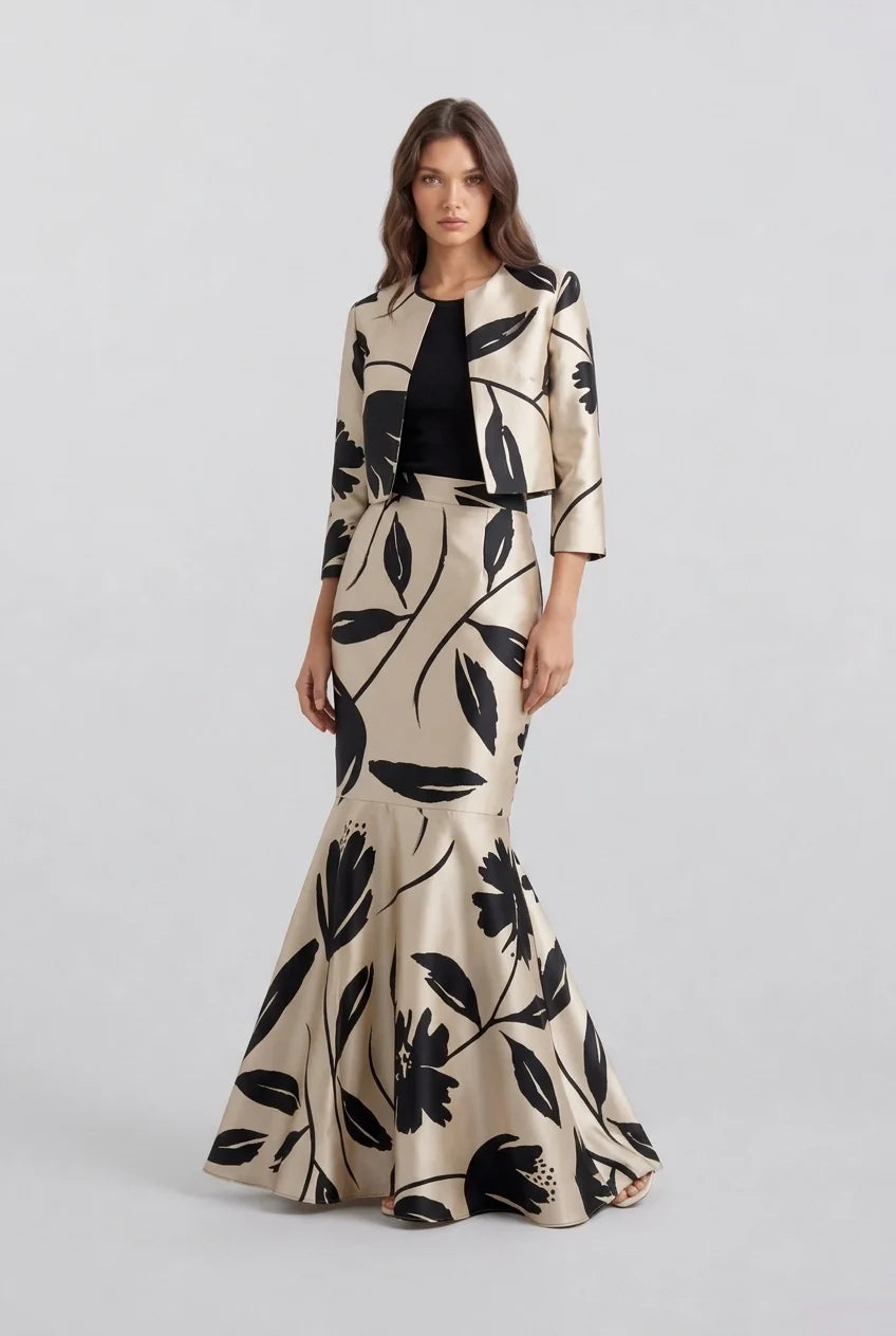 Ensemble deux pièces avec veste courte à imprimé floral et jupe sirène taille haute