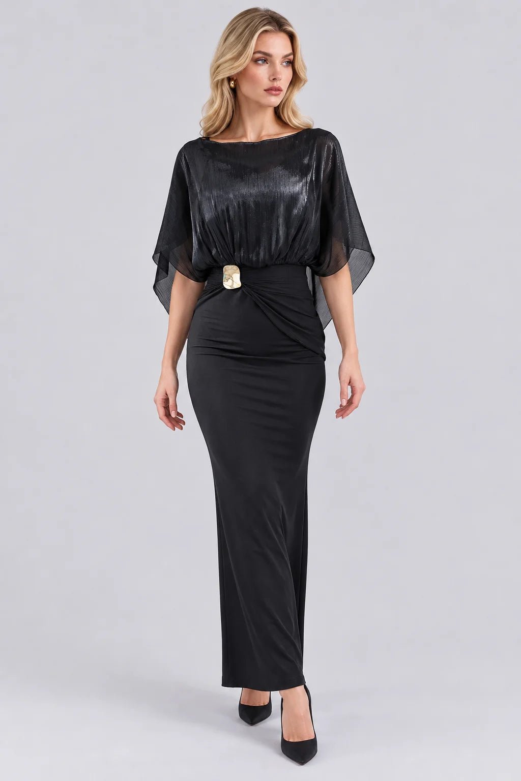 Shimmer Cape Sleeve Column Maxi Dress with Gold Buckle Accent [erp-image:0f7582da9d4b9c84b86cc0f0]
