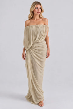 Off the Shoulder Draped Pleated Ruched Maxi Dress [erp-image:c5bebbff097ad0f58cfad0cf]