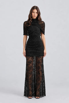 High Neck Ruched Black Floral Lace Semi Sheer Column Maxi Dress [erp-image:716234a393aa732275fa1fdc]