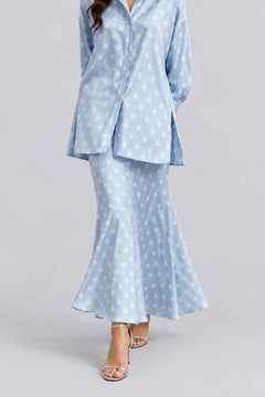 Light Blue Polka Dot Satin Oversized Shirt and Midi Skirt Two Piece Set [erp-image:431d749215cc69ade9a2cec3]