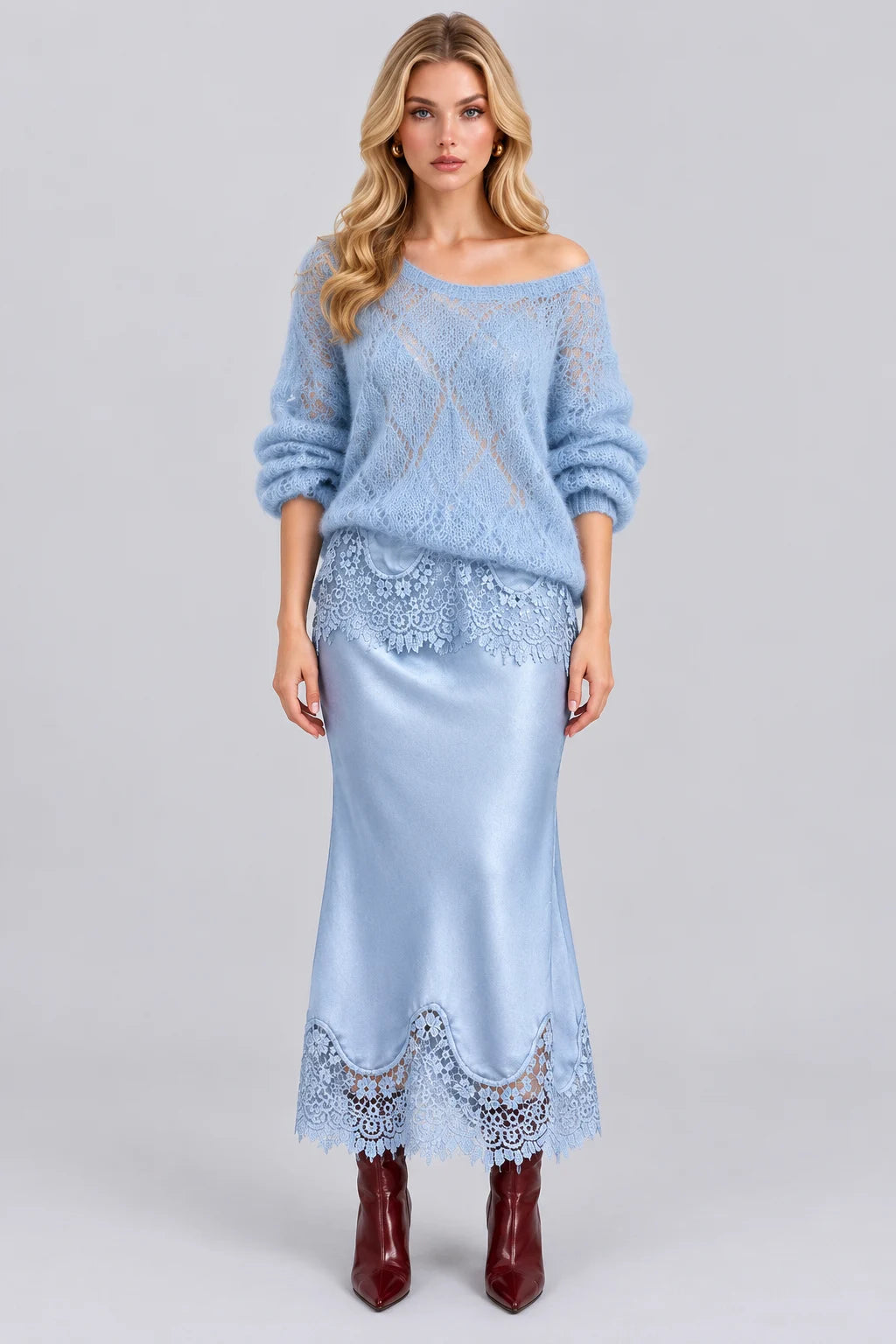 Open Knit Sweater and Lace Trim Satin Midi Skirt Set [erp-image:d7a696438bfcb6694fd71333]