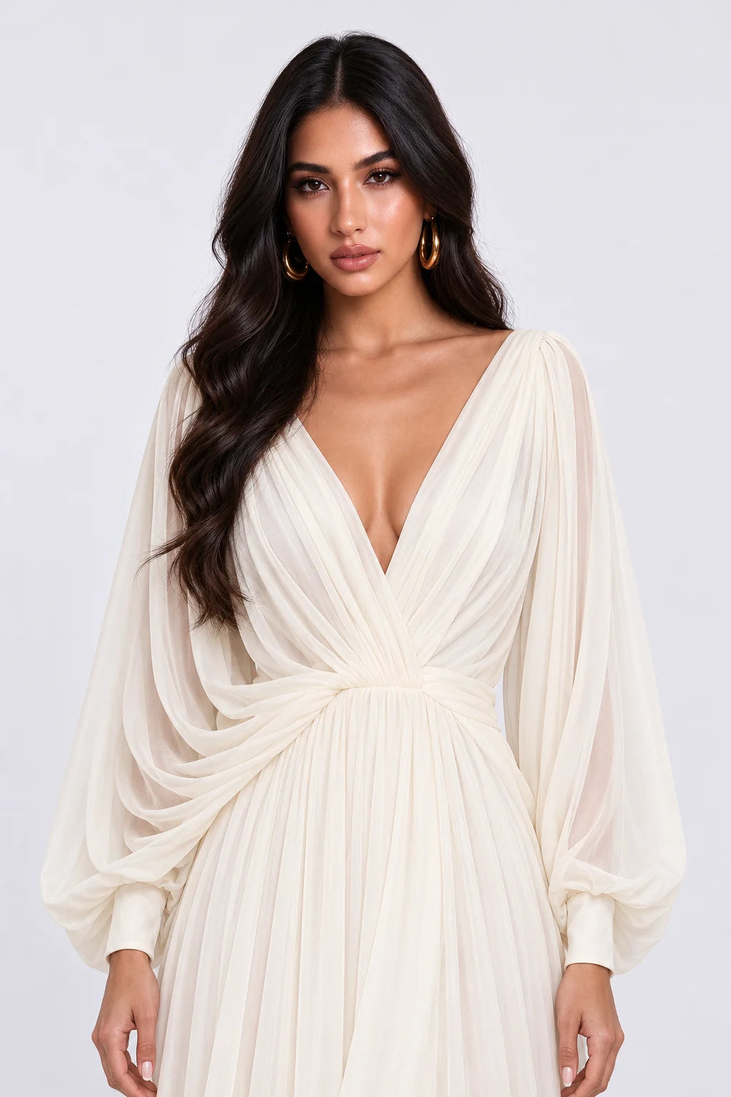 Deep V-Neck Long Sleeve Chiffon Ruched A-Line Maxi Wedding Dress [erp-image:8457b92506c25025e36bdec3]