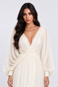 Deep V-Neck Long Sleeve Chiffon Ruched A-Line Maxi Wedding Dress [erp-image:8457b92506c25025e36bdec3]