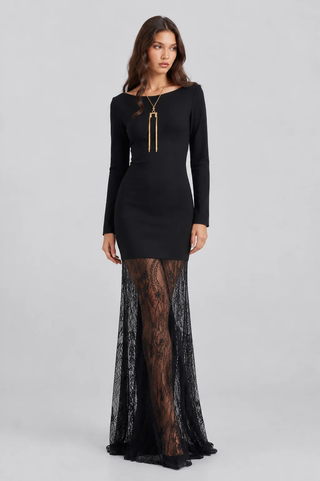 Black Long Sleeve Boat Neck Bodycon Maxi Dress with Sheer Lace Hem [erp-image:2332d00de2bfd255c2fbe25a]