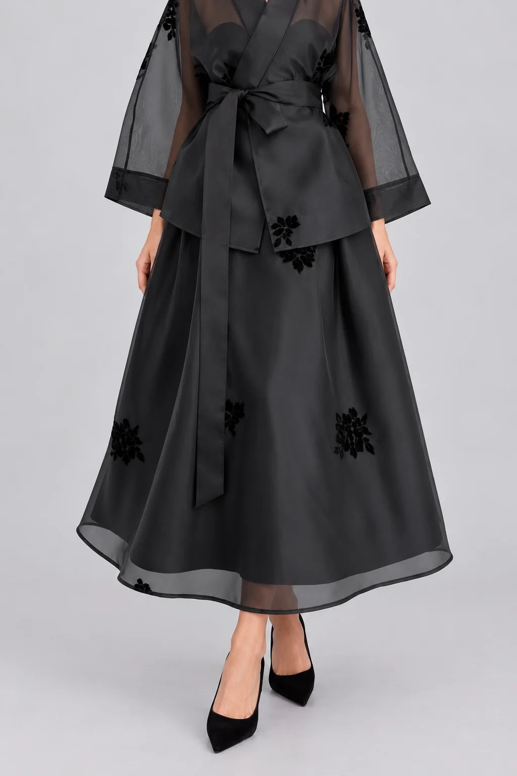 Black Sheer Organza Wrap Kimono Top and A-Line Midi Skirt Set [erp-image:97496a3eea3a8aeea2a629da]