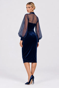 Navy Blue Velvet Strapless Midi Dress with Sheer Puff Sleeve Shrug [erp-image:36a05a9b44cc01e295f2b67d]