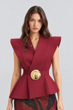 Burgundy Belted Peplum Top and Patterned Sequin Maxi Skirt Two Piece Set [erp-image:4424b3a1718524f216c2eabf]
