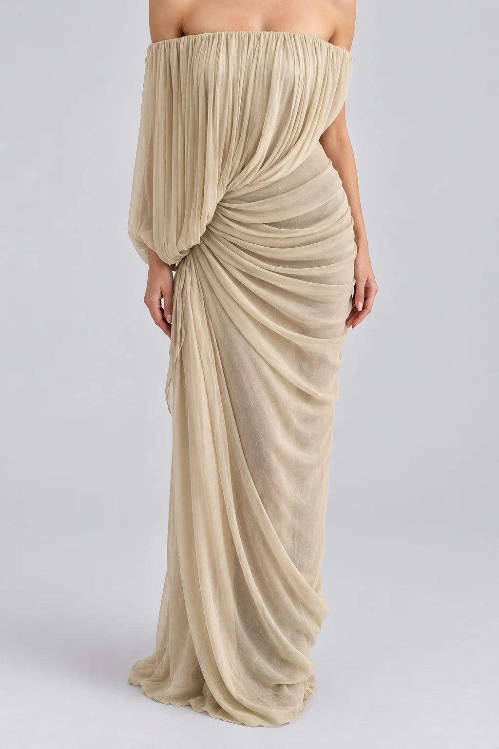 Off the Shoulder Draped Pleated Ruched Maxi Dress [erp-image:8c53aa1ba7613ed04d80f964]