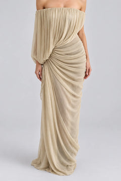 Off the Shoulder Draped Pleated Ruched Maxi Dress [erp-image:8c53aa1ba7613ed04d80f964]