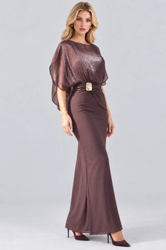 Shimmer Cape Sleeve Column Maxi Dress with Gold Buckle Accent [erp-image:1c4d745b12e0f025e59f3537]