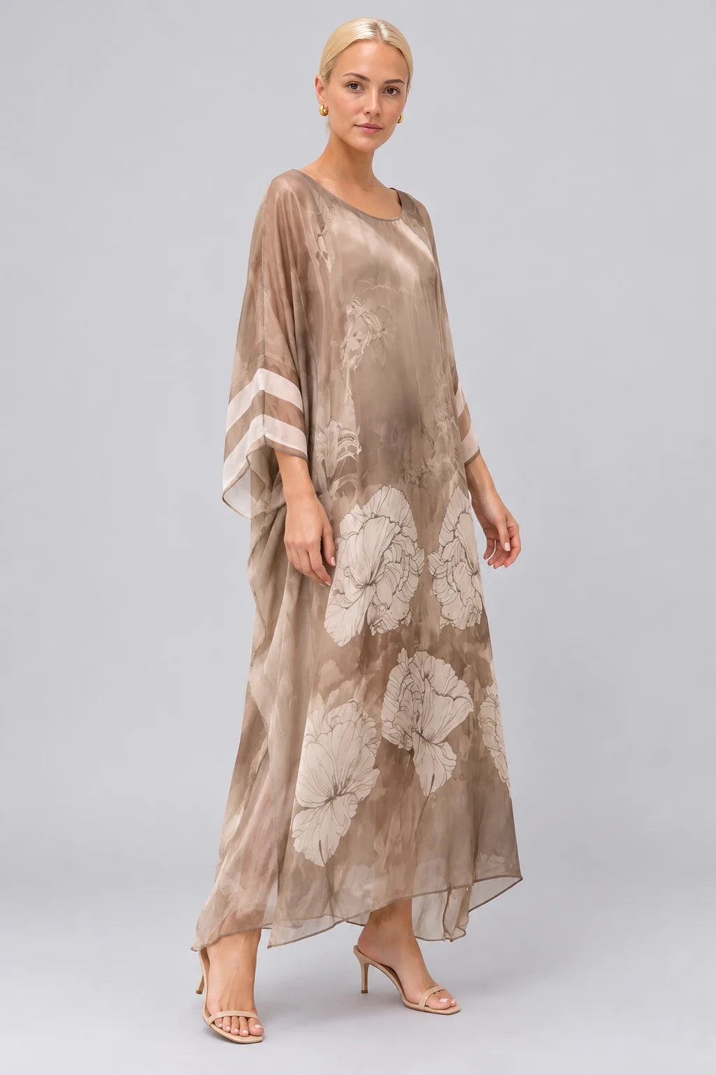 Floral Print Sheer Chiffon Kaftan Maxi Dress with Wide Sleeves [erp-image:f3a7a23f29b1d5d6ef221932]