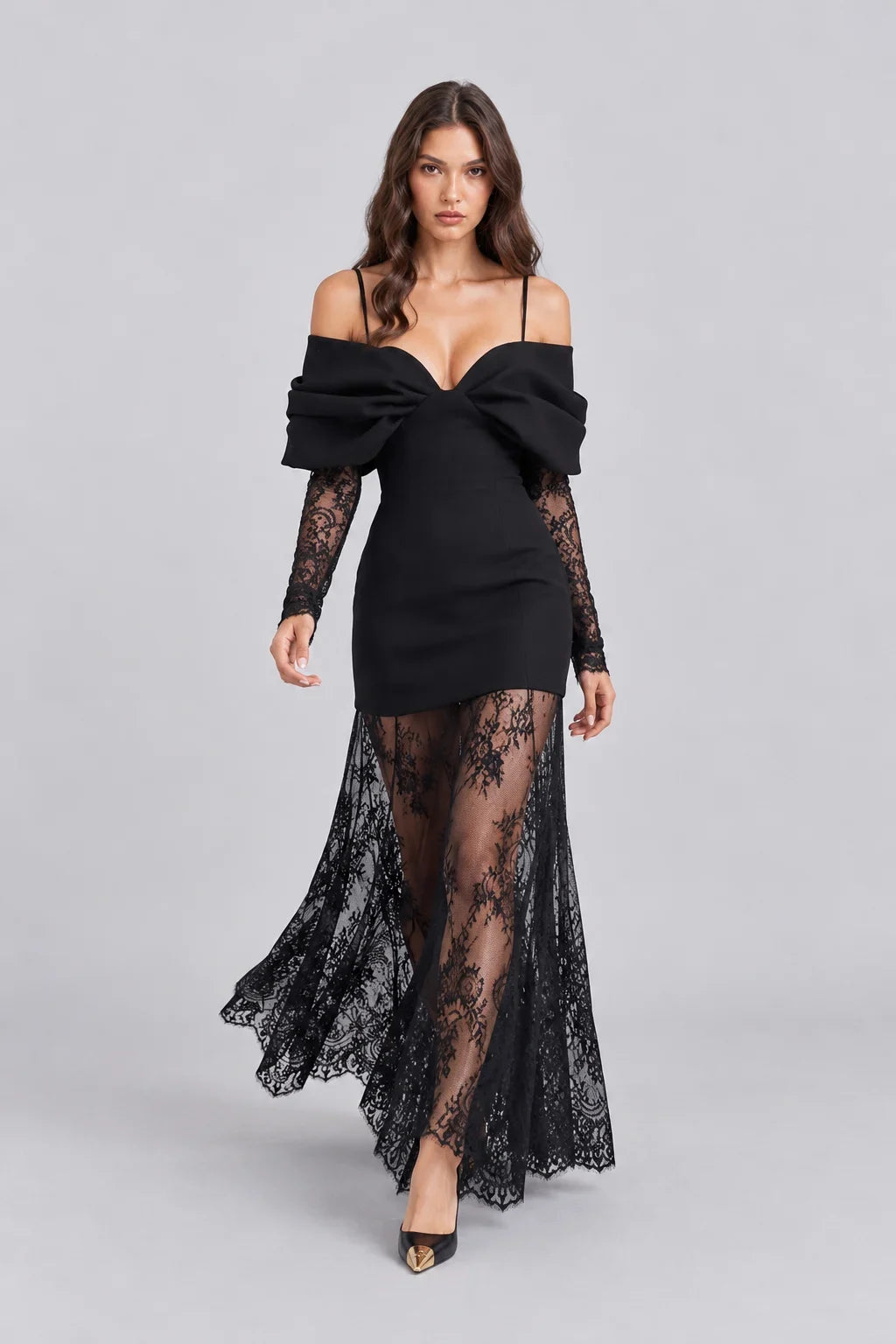 Black Off-the-Shoulder Long Sleeve Lace Patchwork Maxi Dress [erp-image:8dd9c898112bdd502d66862f]