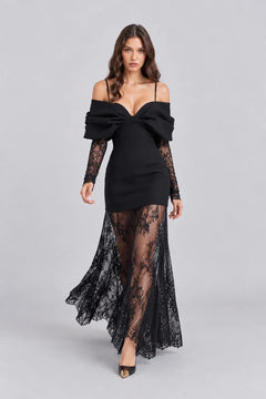 Women Black Cold Shoulder Bow Mini Dress and Sheer Lace Maxi Skirt Two Piece Set [erp-image:9441e747fc995c060d06e7dc]