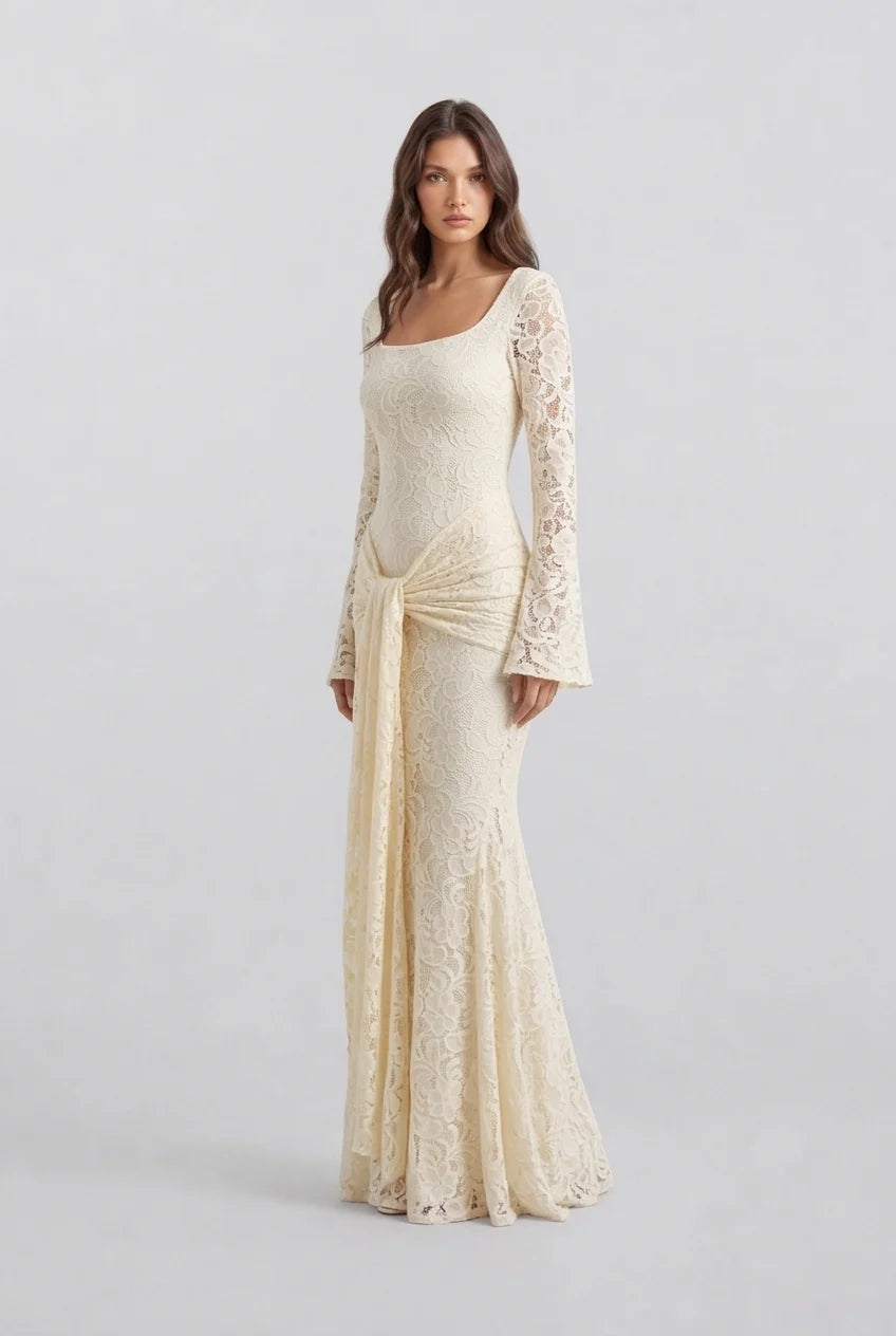 Butter Yellow Floral Lace Long Sleeve Maxi Dress with Draped Waist Sash