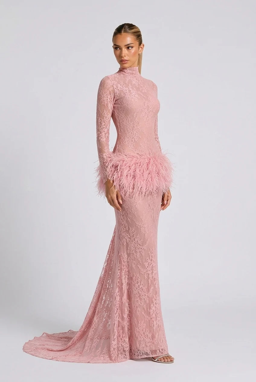 Lace Long Sleeve Feather Trim Maxi Evening Dress
