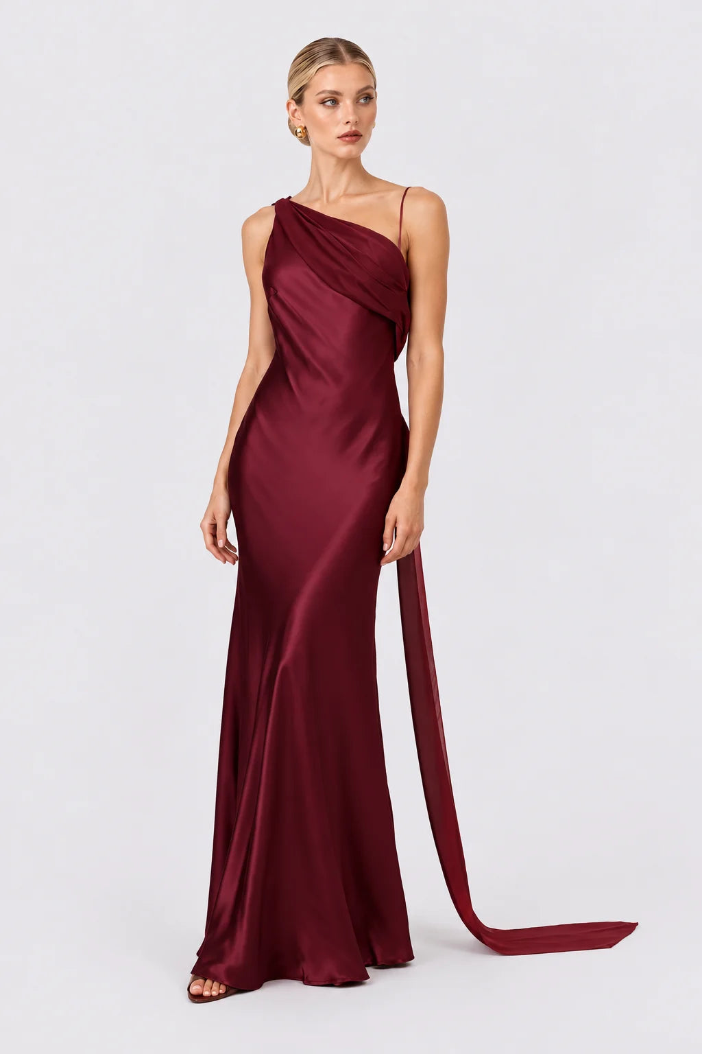 Burgundy One Shoulder Draped Satin Maxi Evening Dress with Floor Length Sash [erp-image:93816b85062ade5ab4147210]