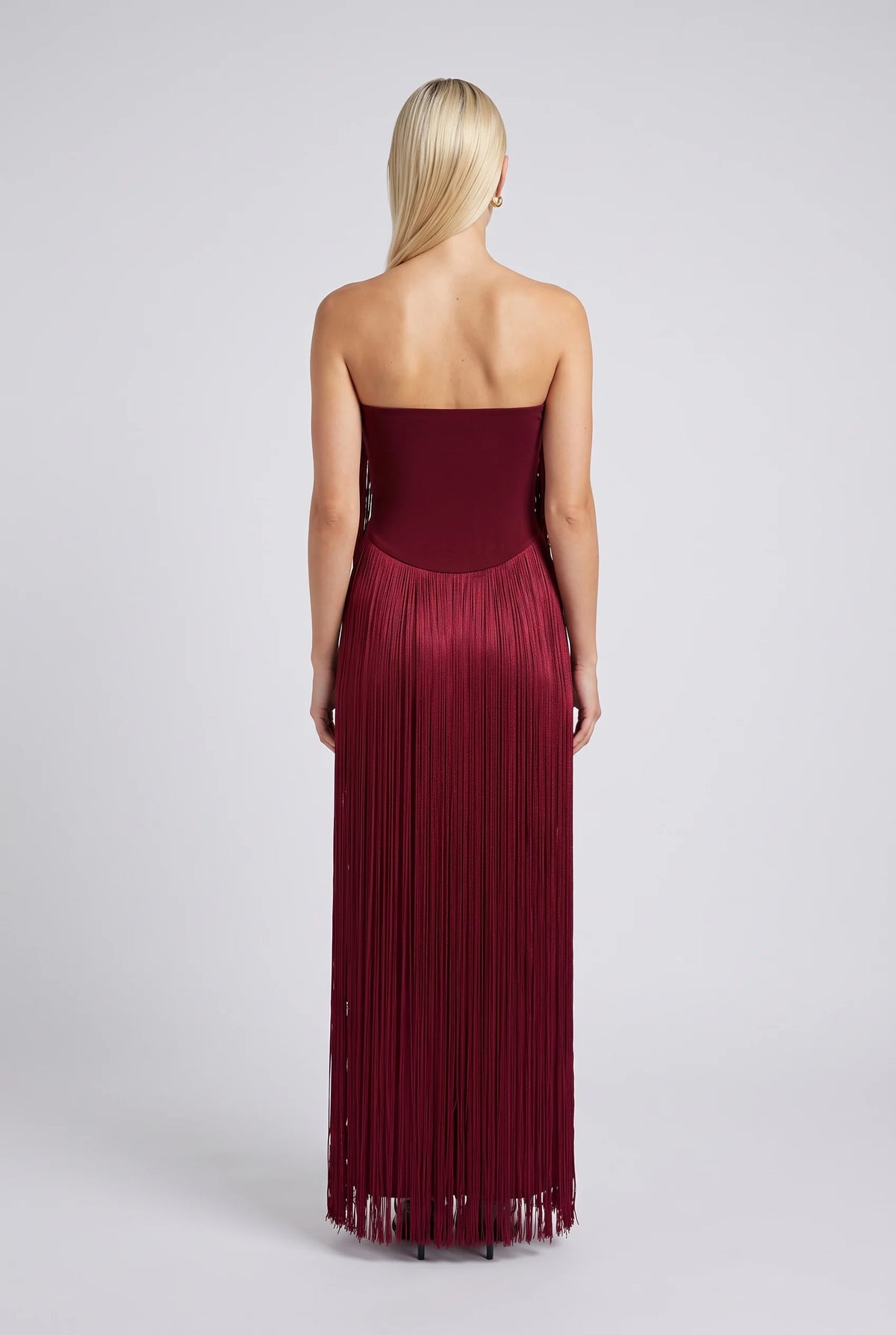 Robe de soirée longue bordeaux bustier avec superposition à franges