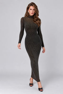 Women's Rhinestone Embellished High Neck Long Sleeve Top and Maxi Skirt Two Piece Set [erp-image:f59660e28b215fdec6b2aa80]