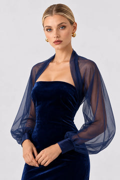Navy Blue Velvet Strapless Midi Dress with Sheer Puff Sleeve Shrug [erp-image:783235b6bb53456005ccd70d]