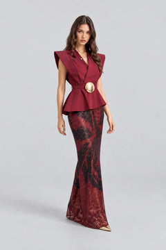 Burgundy Belted Peplum Top and Patterned Sequin Maxi Skirt Two Piece Set [erp-image:00fefd02e7dd7972dc47f866]