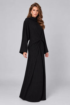 Black Pinstripe Long Sleeve Twist Front Abaya Maxi Dress with Wide Cut [erp-image:02bb28212ee27d39121cc3dd]