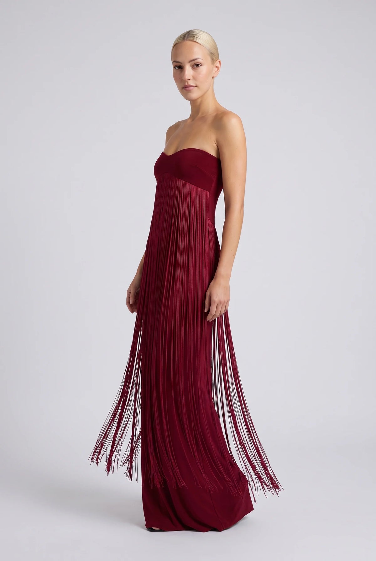 Burgundy Strapless Fringe Overlay Maxi Evening Party Dress