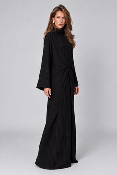Black Pinstripe Long Sleeve Twist Front Abaya Maxi Dress with Wide Cut [erp-image:4476c8b3e65d974ec33df434]