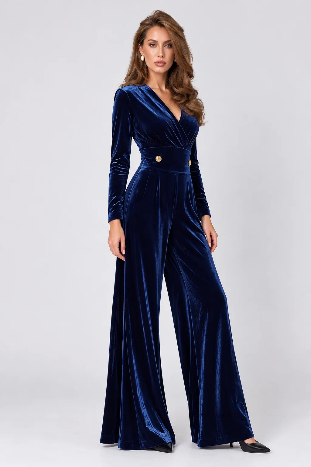 Navy Blue Velvet Wrap V-Neck Wide Leg Long Sleeve Jumpsuit [erp-image:6f271bde127d6df67f505ce1]